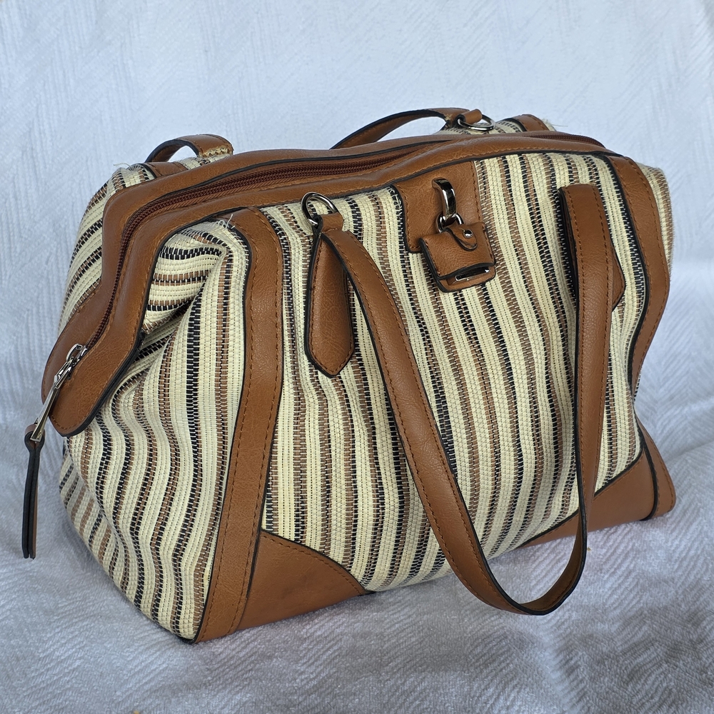 London Fog Striped Satchel Handbag Tan Brown Faux Leather
